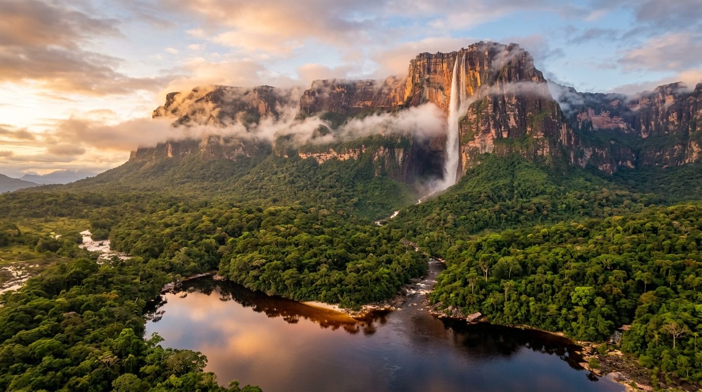 Salto Ángel cayendo desde un tepuy al amanecer, Canaima (imagen ilustrativa)